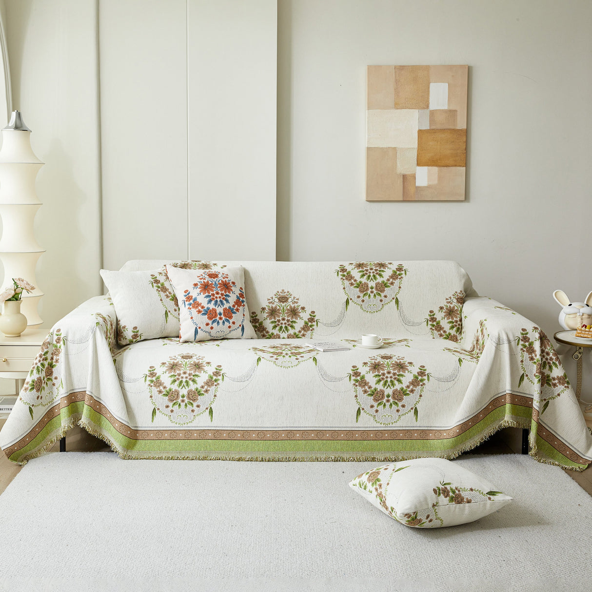 Charming French Country Floral Basket Sofa Throw Cover Rustic Farmhouse-Style Couch Cover Blankets