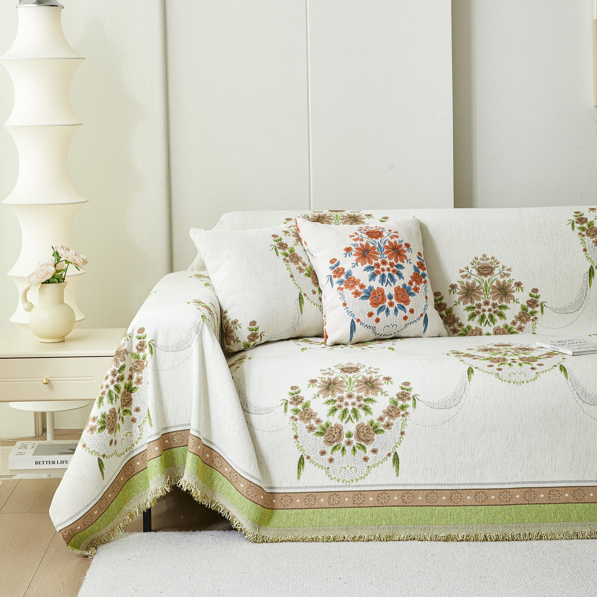 Charming French Country Floral Basket Sofa Throw Cover Rustic Farmhouse-Style Couch Cover Blankets