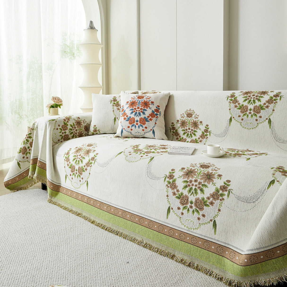 Charming French Country Floral Basket Sofa Throw Cover Rustic Farmhouse-Style Couch Cover Blankets