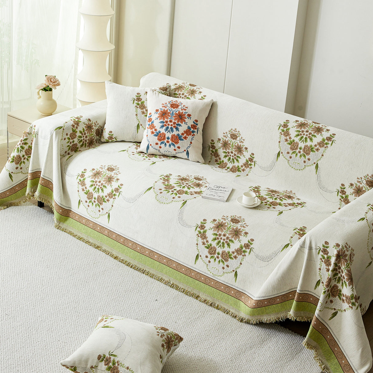 Charming French Country Floral Basket Sofa Throw Cover Rustic Farmhouse-Style Couch Cover Blankets