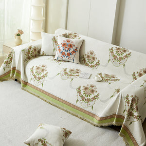 Charming French Country Floral Basket Sofa Throw Cover Rustic Farmhouse-Style Couch Cover Blankets
