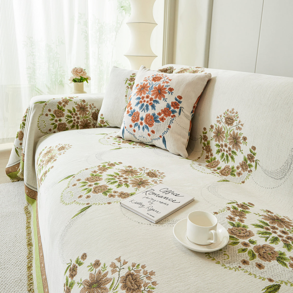 Charming French Country Floral Basket Sofa Throw Cover Rustic Farmhouse-Style Couch Cover Blankets