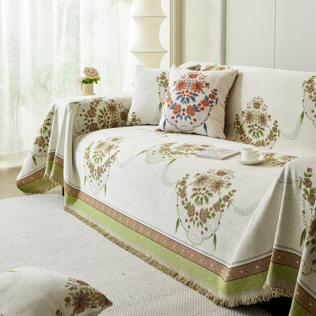 Charming French Country Floral Basket Sofa Throw Cover Rustic Farmhouse-Style Couch Cover Blankets