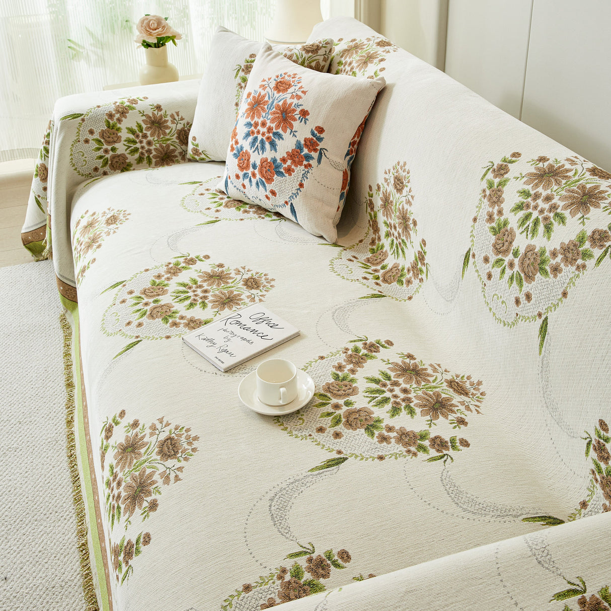 Charming French Country Floral Basket Sofa Throw Cover Rustic Farmhouse-Style Couch Cover Blankets