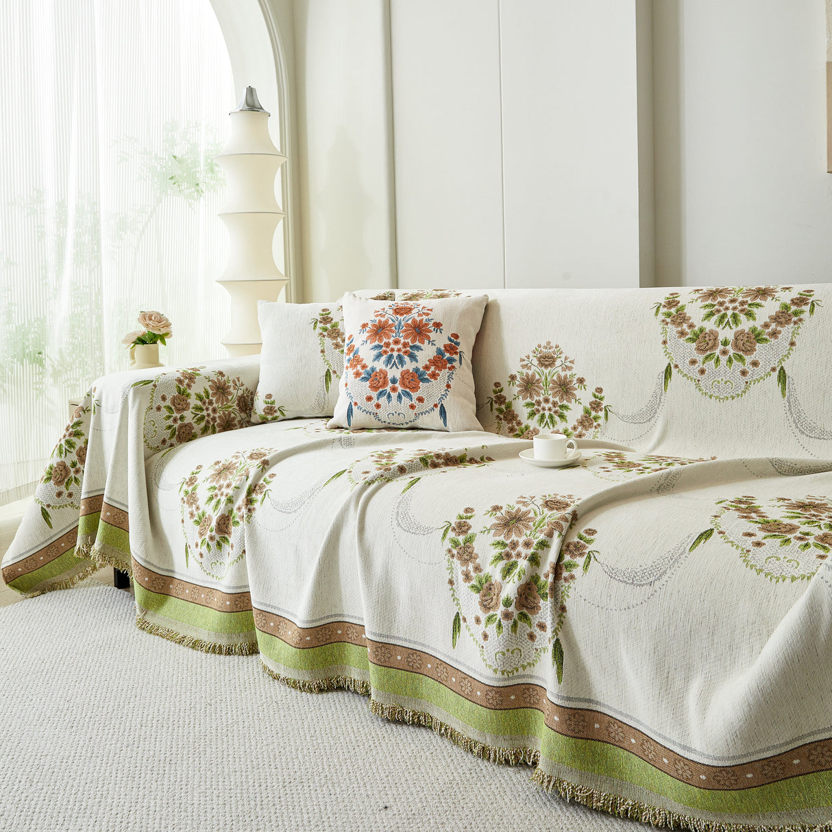 Charming French Country Floral Basket Sofa Throw Cover Rustic Farmhouse-Style Couch Cover Blankets