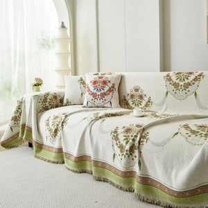 Charming French Country Floral Basket Sofa Throw Cover Rustic Farmhouse-Style Couch Cover Blankets