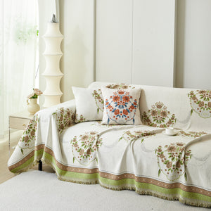 Charming French Country Floral Basket Sofa Throw Cover Rustic Farmhouse-Style Couch Cover Blankets