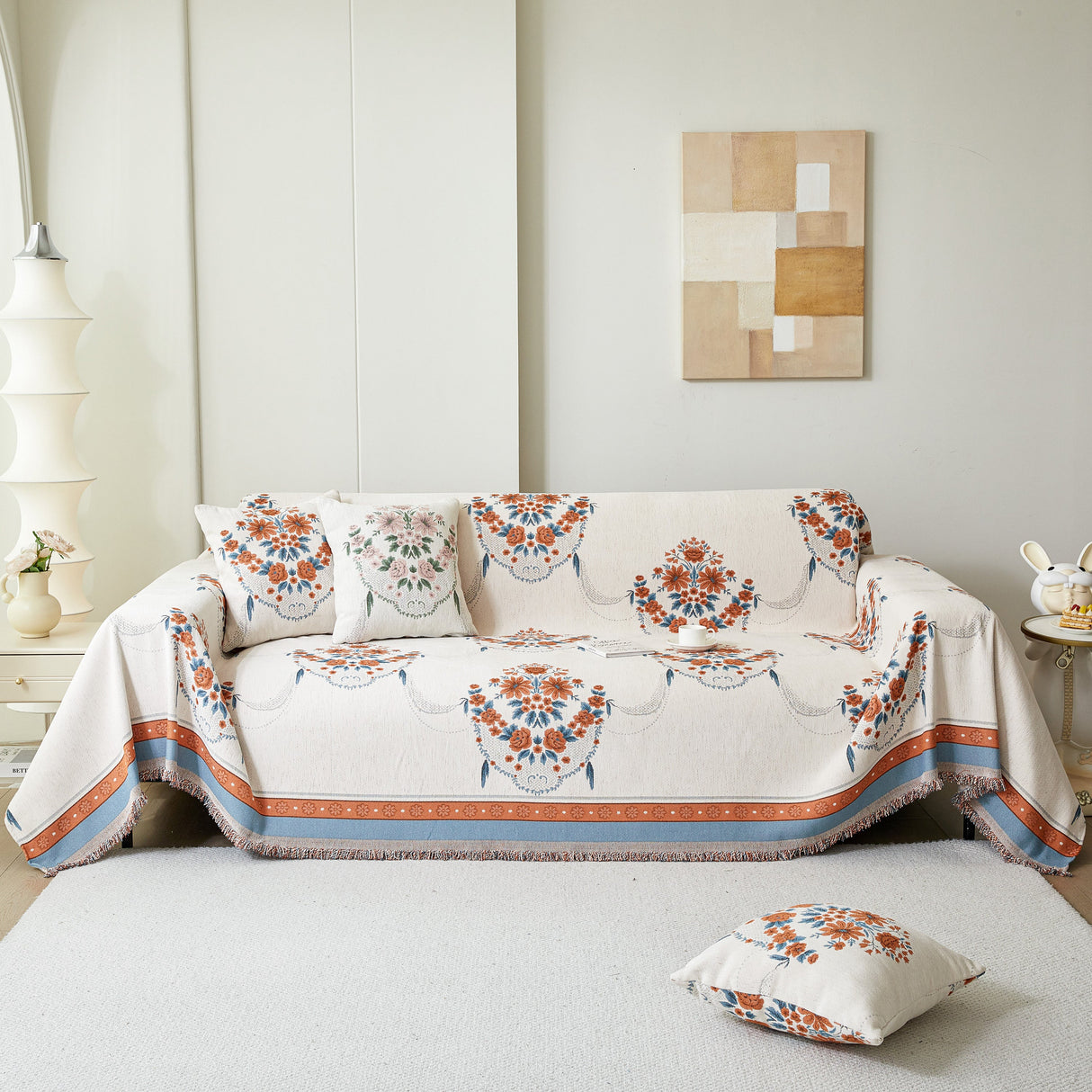 Charming French Country Floral Basket Sofa Throw Cover Rustic Farmhouse-Style Couch Cover Blankets