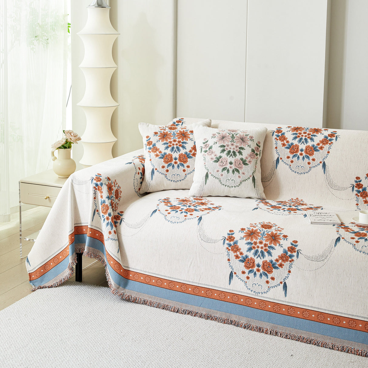 Charming French Country Floral Basket Sofa Throw Cover Rustic Farmhouse-Style Couch Cover Blankets