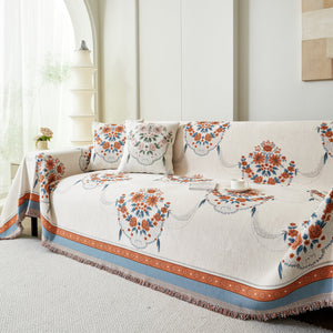 Charming French Country Floral Basket Sofa Throw Cover Rustic Farmhouse-Style Couch Cover Blankets
