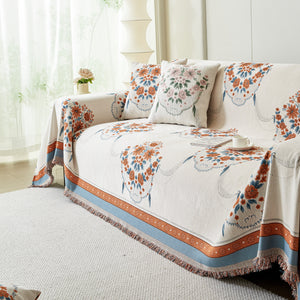 Charming French Country Floral Basket Sofa Throw Cover Rustic Farmhouse-Style Couch Cover Blankets