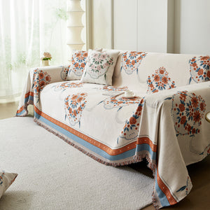 Charming French Country Floral Basket Sofa Throw Cover Rustic Farmhouse-Style Couch Cover Blankets