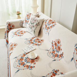 Charming French Country Floral Basket Sofa Throw Cover Rustic Farmhouse-Style Couch Cover Blankets