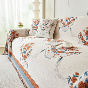 Charming French Country Floral Basket Sofa Throw Cover Rustic Farmhouse-Style Couch Cover Blankets