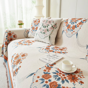 Charming French Country Floral Basket Sofa Throw Cover Rustic Farmhouse-Style Couch Cover Blankets