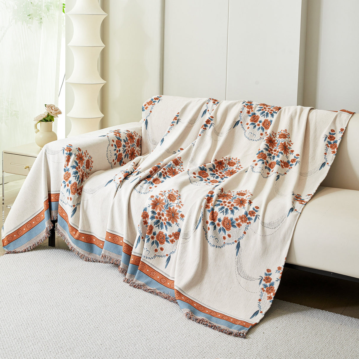 Charming French Country Floral Basket Sofa Throw Cover Rustic Farmhouse-Style Couch Cover Blankets