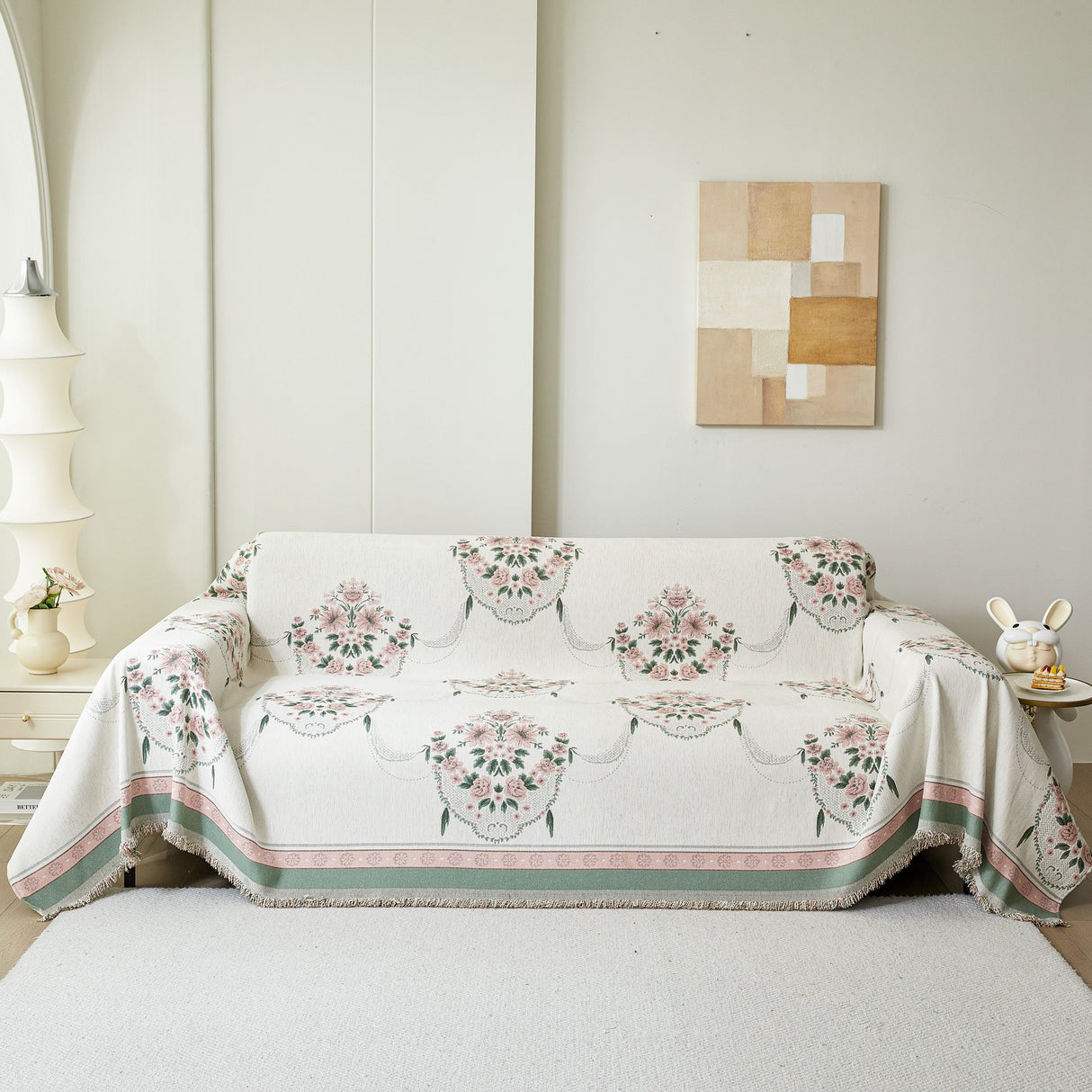 Charming French Country Floral Basket Sofa Throw Cover Rustic Farmhouse-Style Couch Cover Blankets