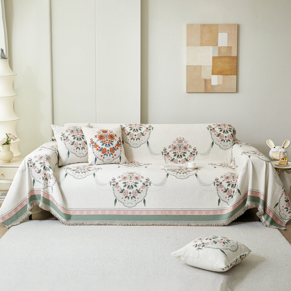 Charming French Country Floral Basket Sofa Throw Cover Rustic Farmhouse-Style Couch Cover Blankets