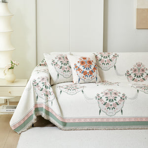 Charming French Country Floral Basket Sofa Throw Cover Rustic Farmhouse-Style Couch Cover Blankets