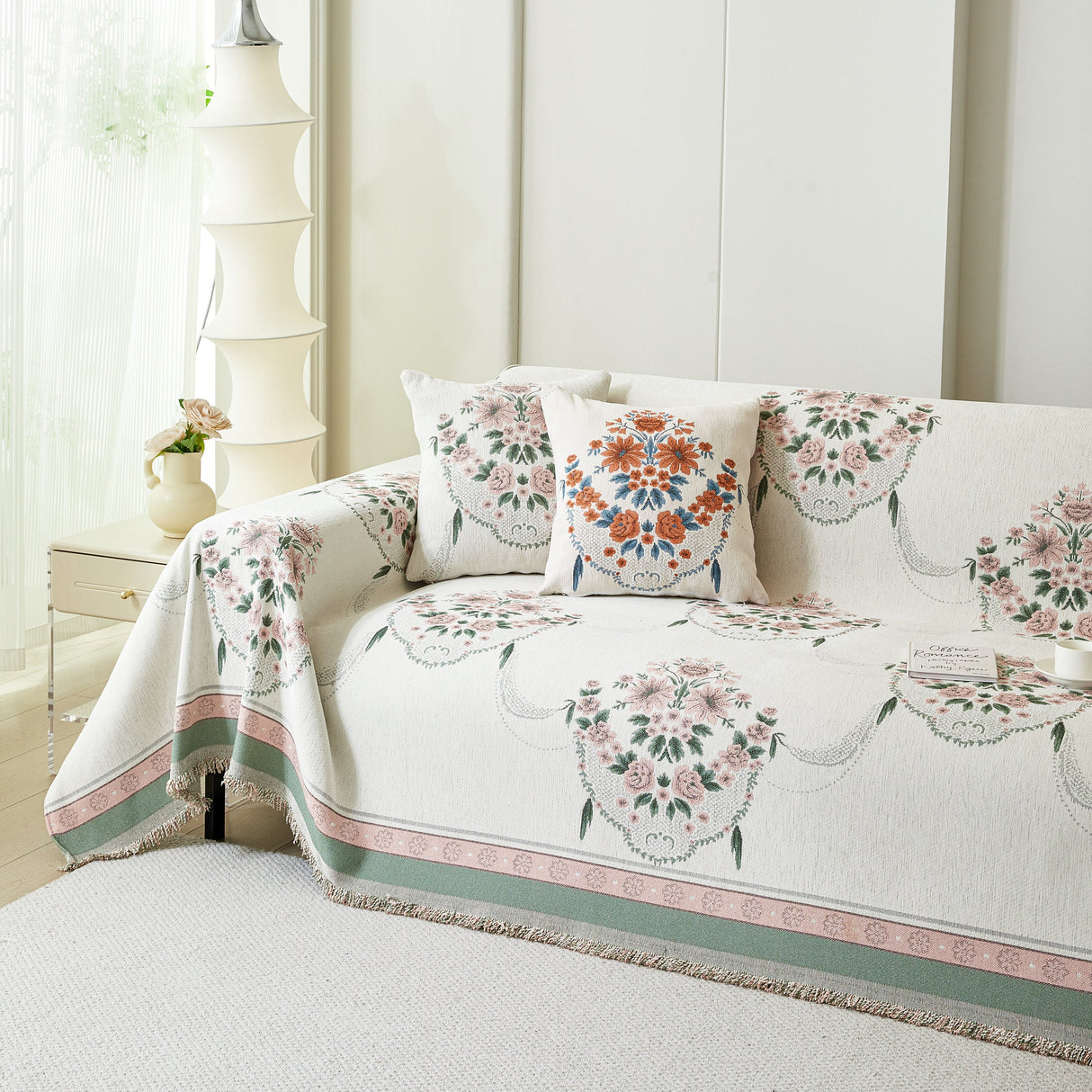 Charming French Country Floral Basket Sofa Throw Cover Rustic Farmhouse-Style Couch Cover Blankets