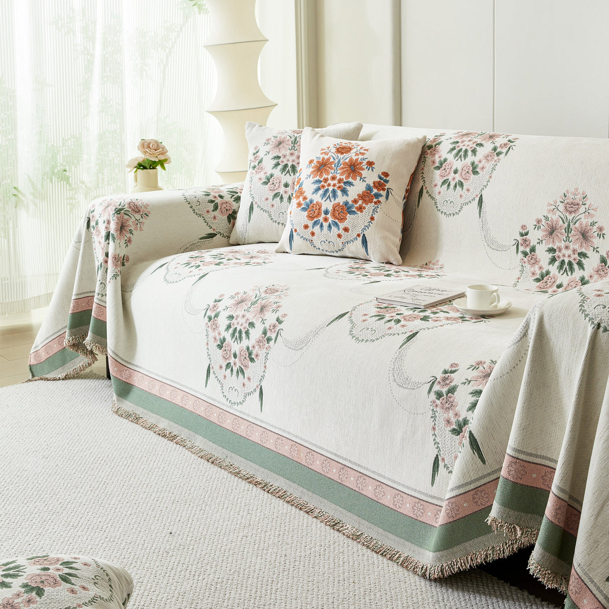 Charming French Country Floral Basket Sofa Throw Cover Rustic Farmhouse-Style Couch Cover Blankets