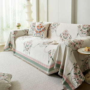 Charming French Country Floral Basket Sofa Throw Cover Rustic Farmhouse-Style Couch Cover Blankets