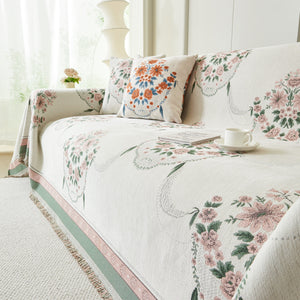 Charming French Country Floral Basket Sofa Throw Cover Rustic Farmhouse-Style Couch Cover Blankets