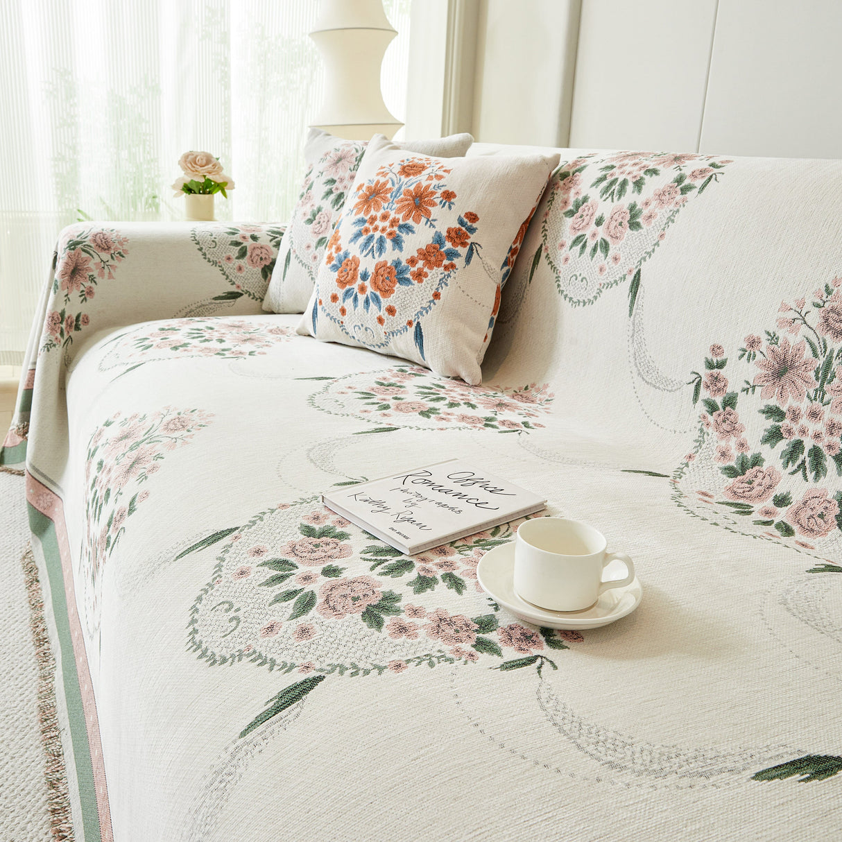 Charming French Country Floral Basket Sofa Throw Cover Rustic Farmhouse-Style Couch Cover Blankets