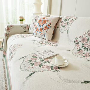 Charming French Country Floral Basket Sofa Throw Cover Rustic Farmhouse-Style Couch Cover Blankets