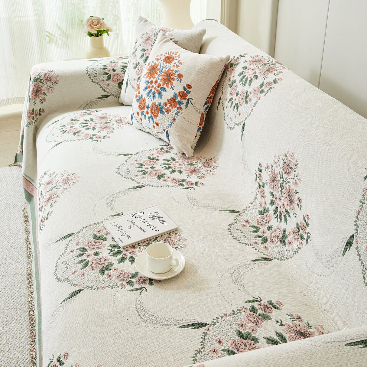 Charming French Country Floral Basket Sofa Throw Cover Rustic Farmhouse-Style Couch Cover Blankets