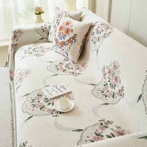 Charming French Country Floral Basket Sofa Throw Cover Rustic Farmhouse-Style Couch Cover Blankets