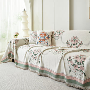 Charming French Country Floral Basket Sofa Throw Cover Rustic Farmhouse-Style Couch Cover Blankets