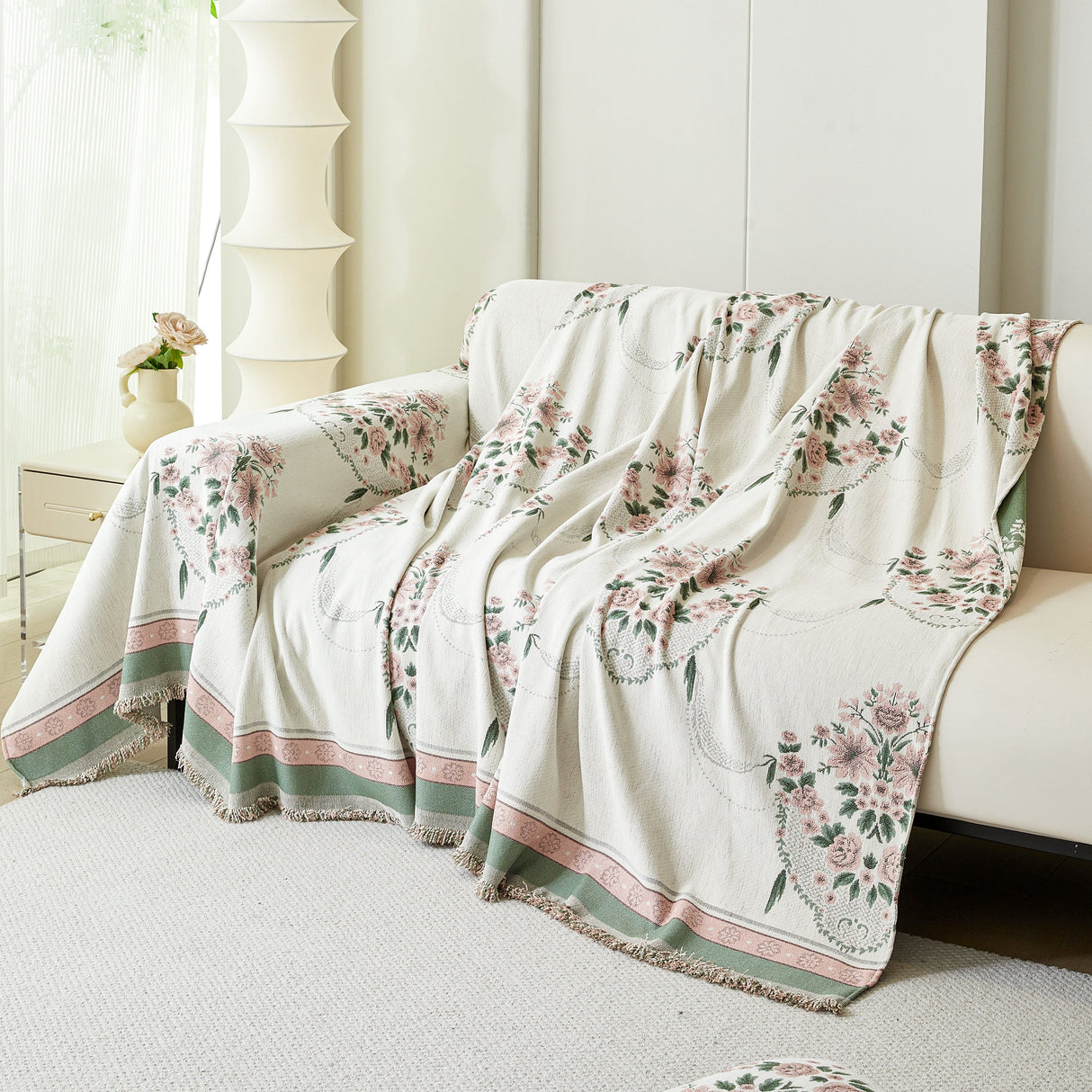 Charming French Country Floral Basket Sofa Throw Cover Rustic Farmhouse-Style Couch Cover Blankets