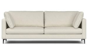 Introducing the Ava 90-Inch Mid Century Sofa: This stylish beige sofa showcases a minimalist design with two seat cushions and two back cushions. It features slender armrests with angled accent pillows on each side and is supported by sleek, dark legs.