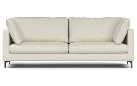 Introducing the Ava 90-Inch Mid Century Sofa: This stylish beige sofa showcases a minimalist design with two seat cushions and two back cushions. It features slender armrests with angled accent pillows on each side and is supported by sleek, dark legs.