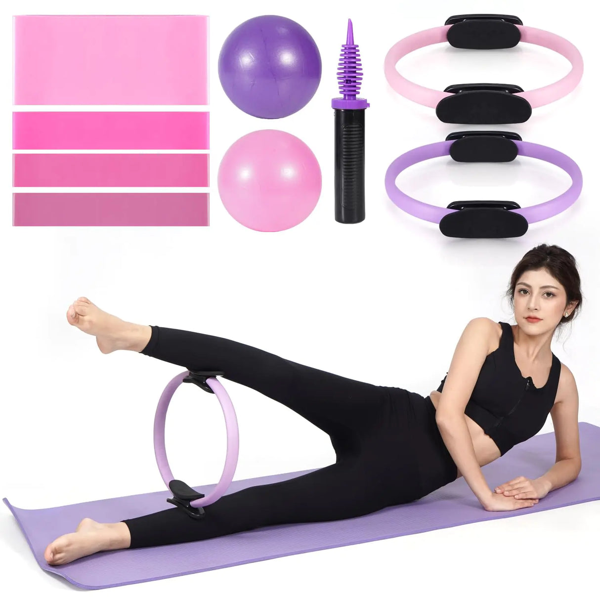 Pilates Ring Circle and Pilates Ball Set 12 Inch&14Inch Magic Circle Pilates Ring9 Inch Small Exercise BallResistance Bands Set Home Pilates Equipment for Women (Pink & Purple Ring Circle)