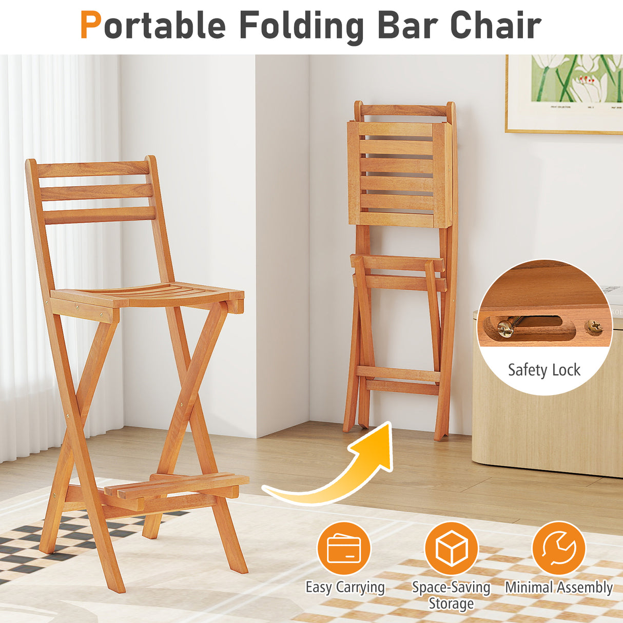 Acacia Wood Bar Height Chair with Backrest and Footrest for Backyard-Set of 1