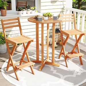 Acacia Wood Bar Height Chair with Backrest and Footrest for Backyard-Set of 2