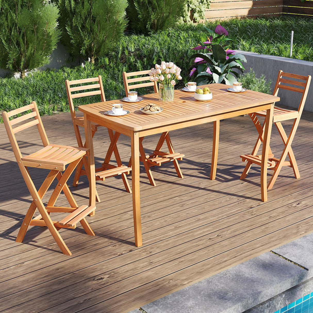 Acacia Wood Bar Height Chair with Backrest and Footrest for Backyard-Set of 2