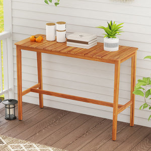 Acacia Wood Counter Height Table with Slatted Tabletop and Footrest Crossbar