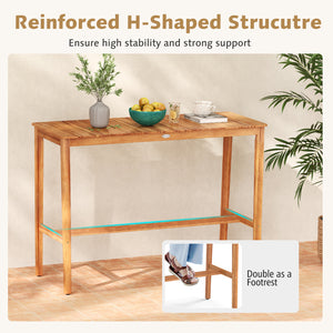 Acacia Wood Counter Height Table with Slatted Tabletop and Footrest Crossbar