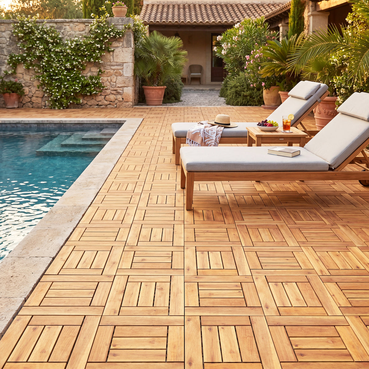Acacia Wood Interlocking Deck Tiles for Patio Balcony Backyard Porch Poolside-Natural