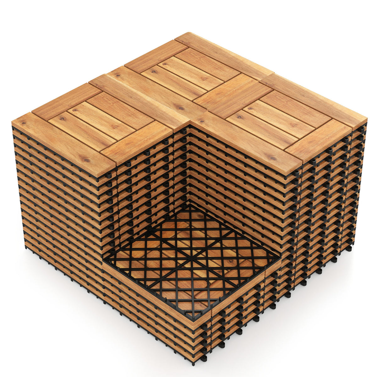 Acacia Wood Interlocking Deck Tiles for Patio Balcony Backyard Porch Poolside-Natural