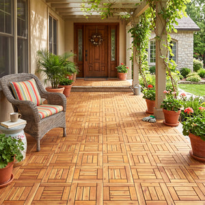 Acacia Wood Interlocking Deck Tiles for Patio Balcony Backyard Porch Poolside-Natural