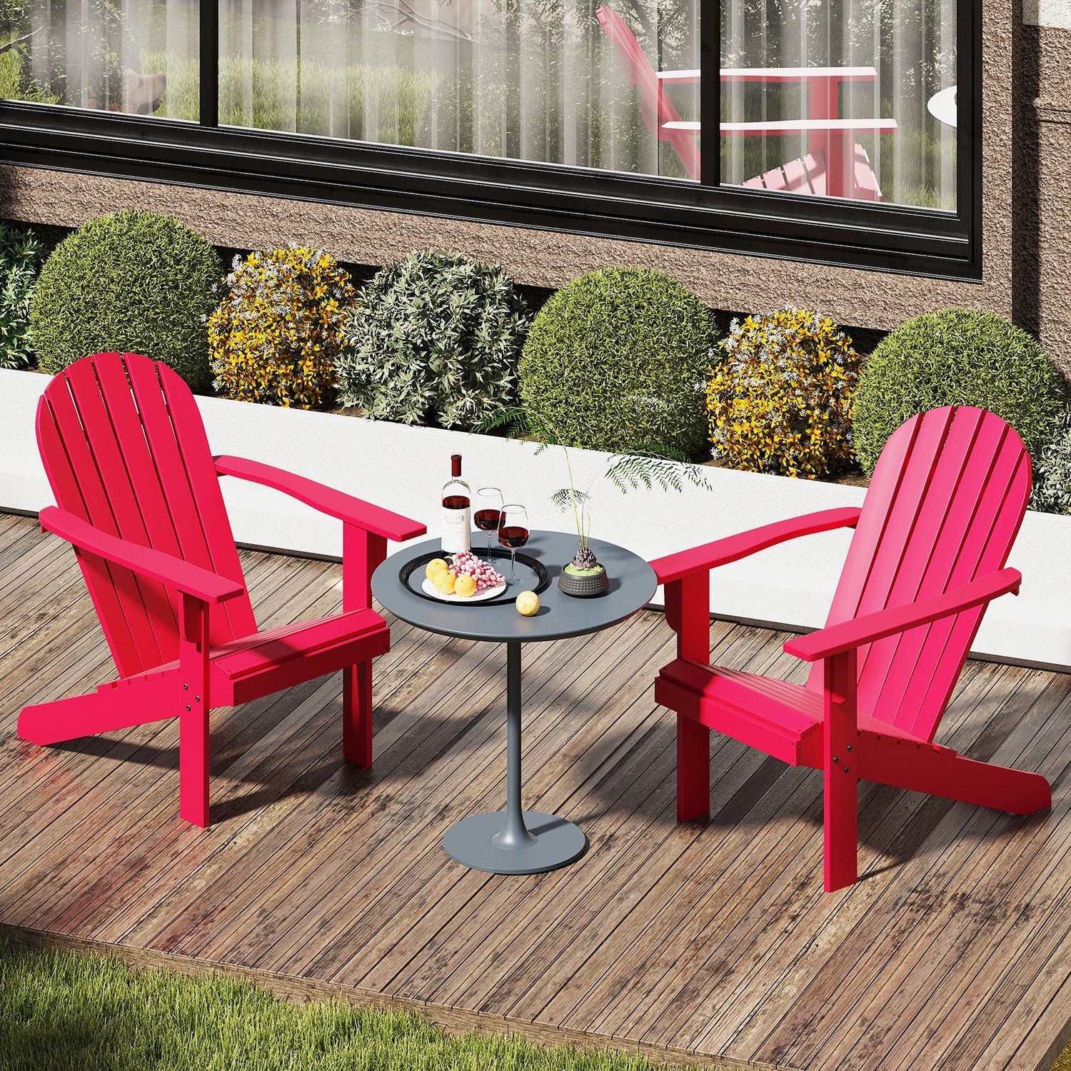 Acacia Wood Lounge Patio Adirondack Chair with Inclined Seat-Red