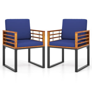 Acacia Wood Outdoor Dining Chairs Set of 2 with Soft Cushions-Navy