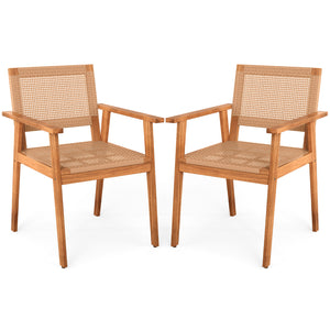 Acacia Wood Outdoor Dining Chairs Set of 2 PE Rattan Patio Chairs with Backrests and Armrests