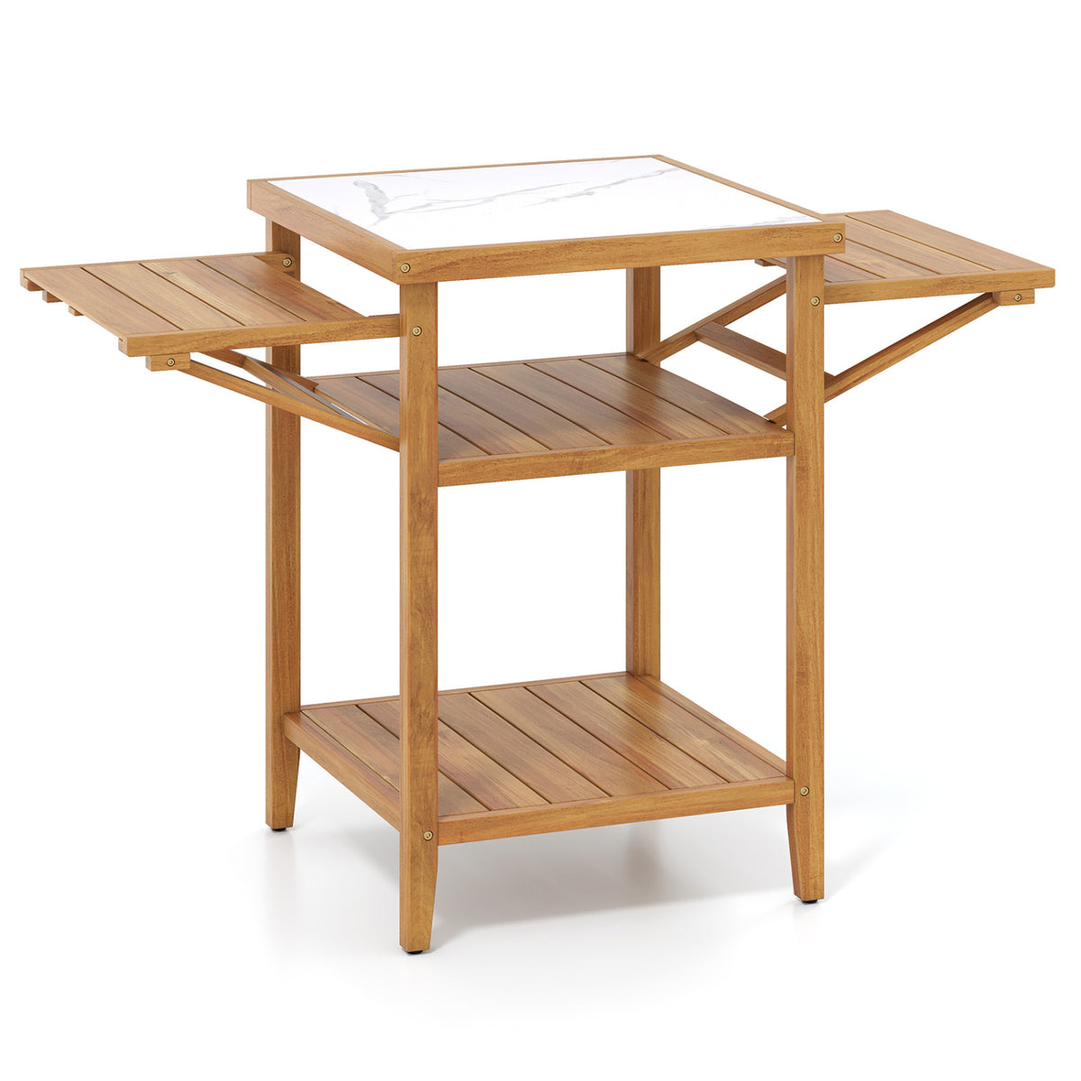 Acacia Wood Outdoor Grill Table with Faux Marble Top and Drop-Leaf Side Panels