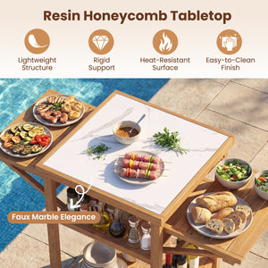 Acacia Wood Outdoor Grill Table with Faux Marble Top and Drop-Leaf Side Panels
