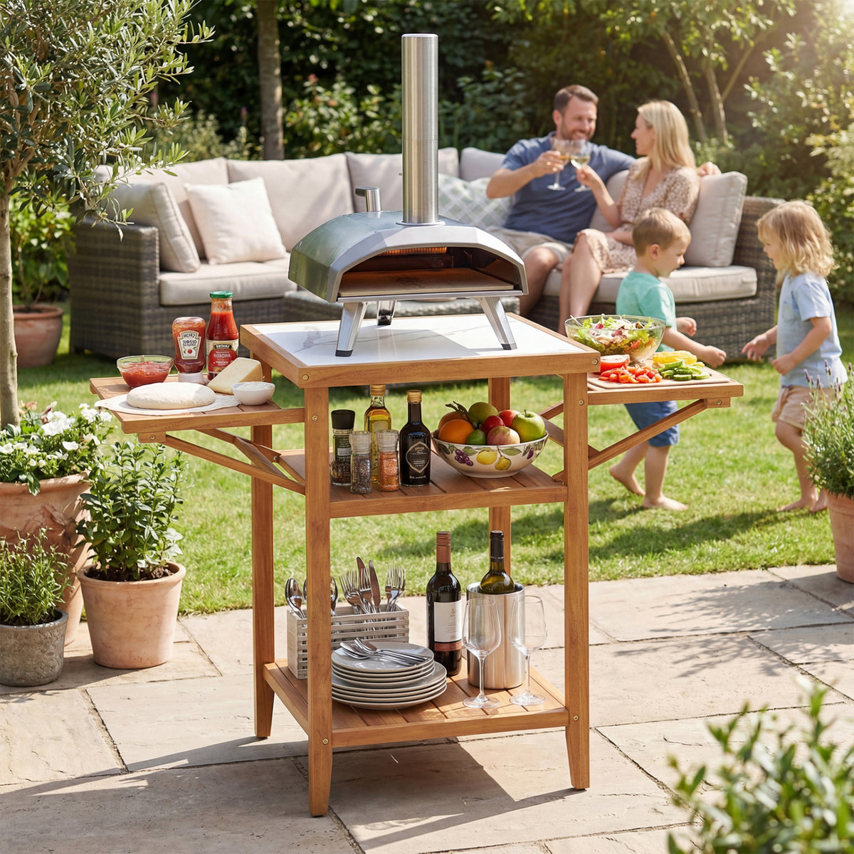 Acacia Wood Outdoor Grill Table with Faux Marble Top and Drop-Leaf Side Panels